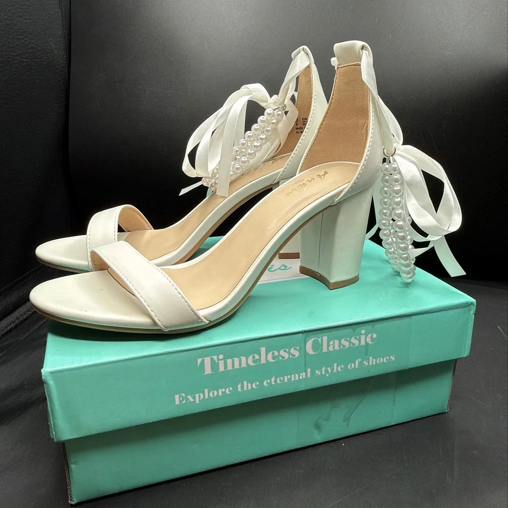 Aris White Pearl Ribbon Tie Block Heel Sandals Faux Leather Wedding Shoes 6